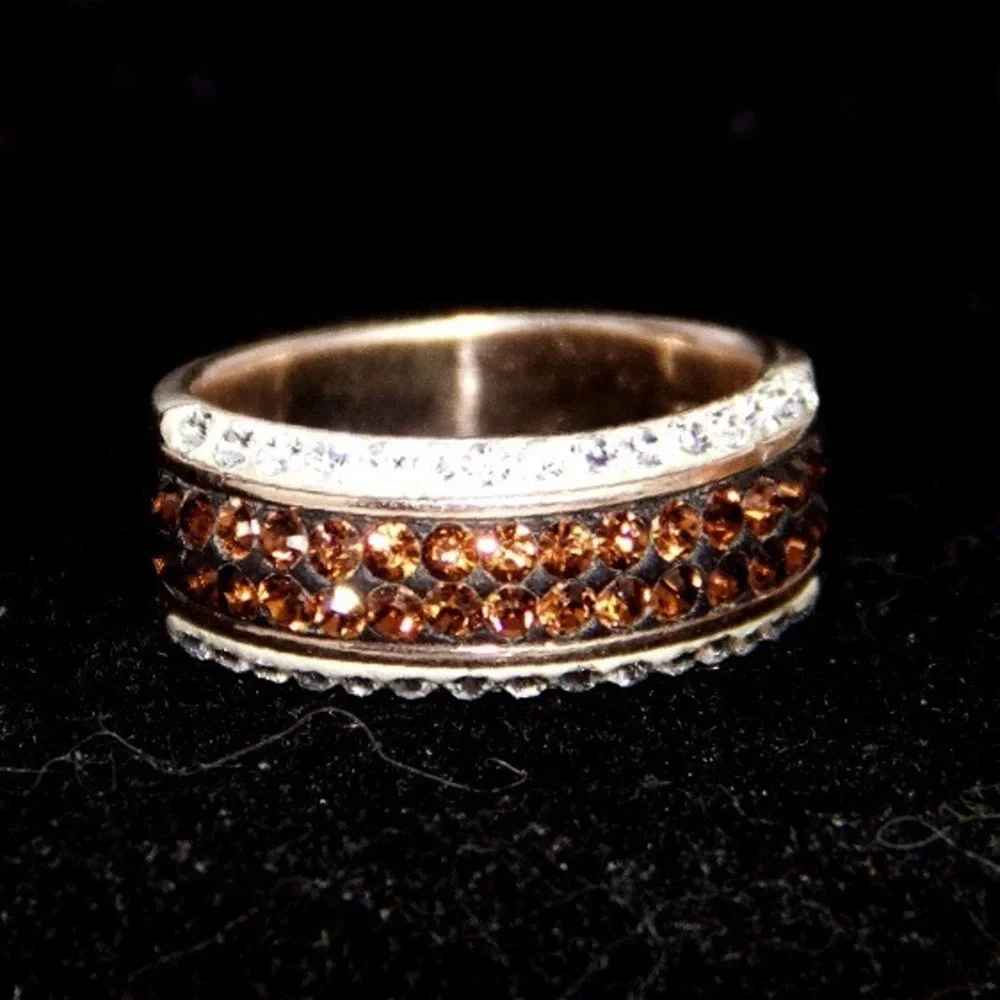 Sterling Silver Cognac and Clear Crystal Pavé Wide Band Ring Size 7